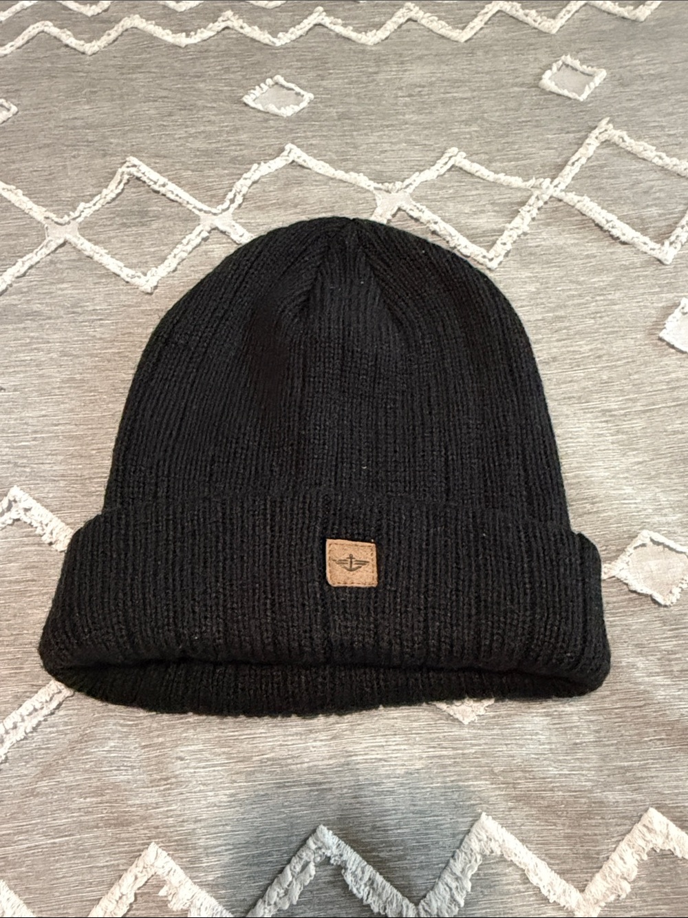 Dockers Black Knit Cuffed Beanie with Leather Logo